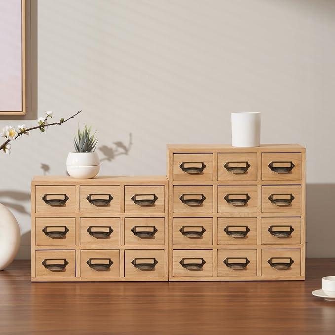 KIRIGEN Wooden Storage Cabinet, 12-Drawer Desktop Organizer Natural 12CG-NA | 12 Mini Drawers with Metal Label Holder Pulls for Cards, Crafts, Tea Bags, Jewelry, Office Supplies, and Small Parts - Image 2