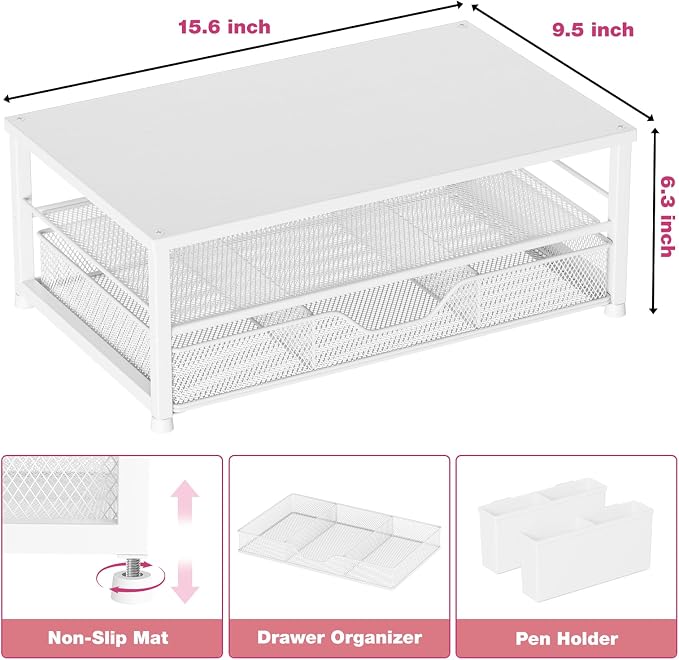 Desk Organizers and Accessories, Computer Monitor Stand Riser with Drawer and 2 Pen Holders, Printer & Laptop Stand, Office Desk Accessories & Workspace Organizers for Home Office Supplies, White Wood - Image 5