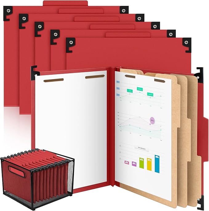 Henoyso 10 Pcs Hanging Classification Folders with Prongs, 3 Divider/ 8 Section, Letter Size, 8 Fasteners, 4 Inch Expansions, 1/3-cut Tab Pressboard File Folder for Office School Medical(Dark Red) by Henoyso