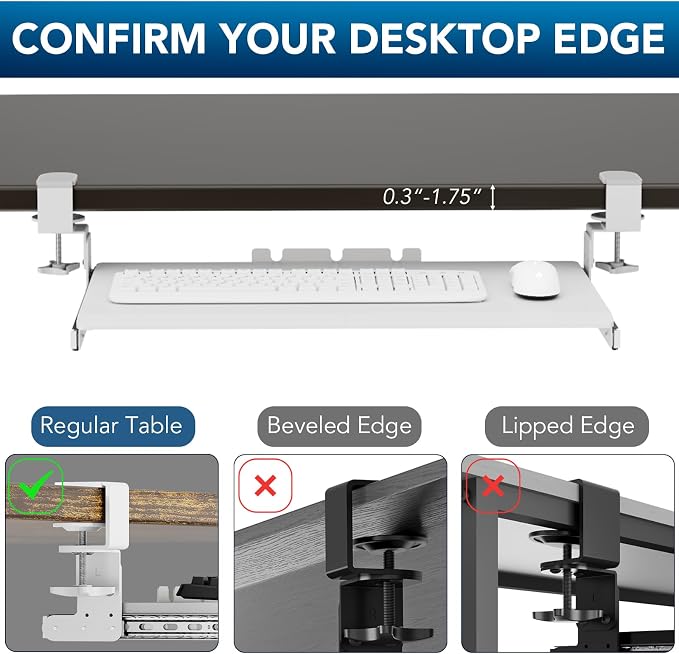 Keyboard Tray Under Desk Pull Out with Extra Sturdy C Clamp Mount System, 27.3 (32.5 inch Including Clamps) x 11 Inch Slide-Out Platform Computer Drawer for Typing White AX01WW01 - Image 7