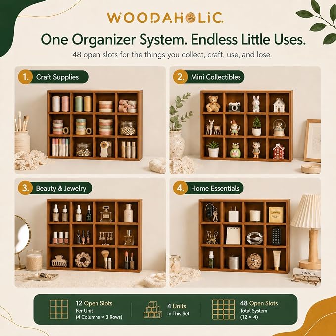 48-Compartment Wood Trinket Shelf, 4-Pack Stackable Cubby Curio Cabinet, Wall Mounted or Freestanding Display Shelf for Figurines, Miniatures, Shot Glasses, Knick Knacks & Small Collectibles - Image 8