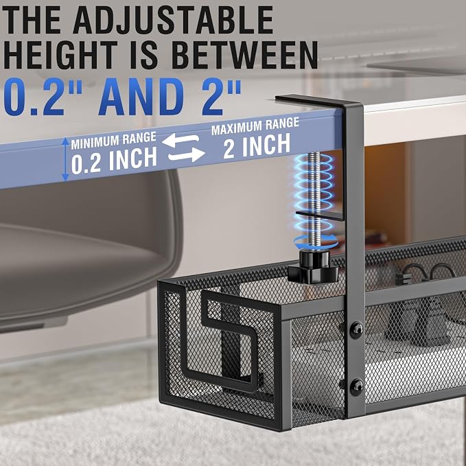 Cable Management, 15.75" Under Desk Cable Management Tray No Drill | Heavy Duty Metal Cord Organizer, Under Desk Wire Management for Gaming/Standing Desk, Clamp for Home Office, 2 Pack, Black - Image 5