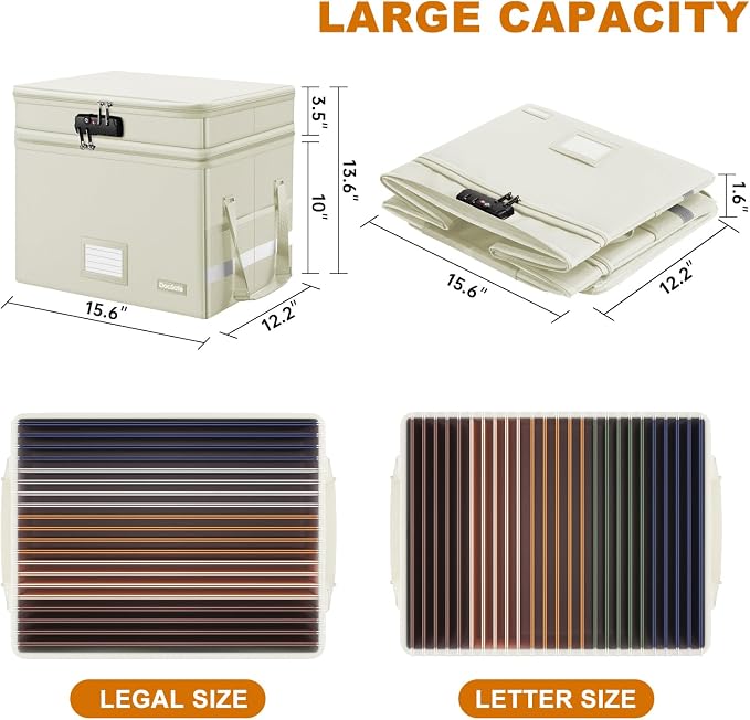 DocSafe File Box with Lock,Multi-Layer Fireproof Document Box Collapsible File Storage Organizer with Pockets/Handle,Large Portable Home Office Filing Box for Hanging Letter/Legal Size Folders,Beige - Image 5