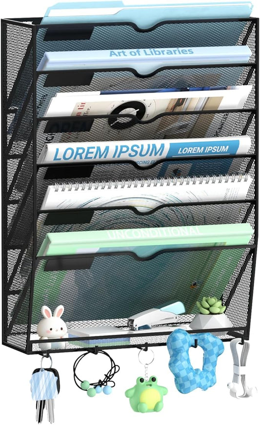 7-Tier Wall File Organizer with 5 Hooks, Wall Mounted Mail Organizer | File Holder Organizer, Metal Mesh Office Wall Organizer for Home, School & Classroom by SUPEASY