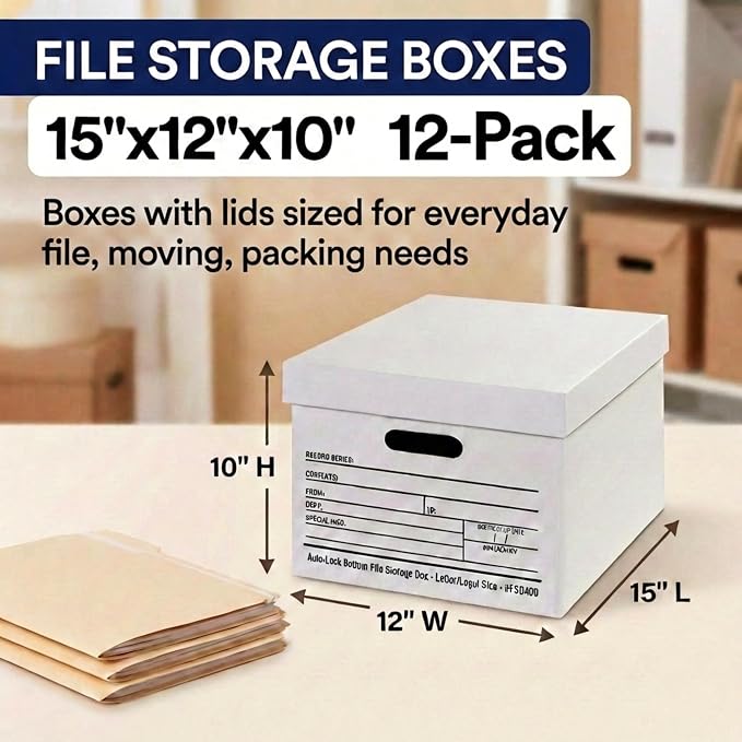 BOX USA Boxes with Lids and Handles (12-Pack) - File Storage Boxes for Office Supplies, Book Storage, Moving, and Packaging - Image 2