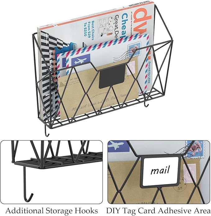 YBING Wall File Organizer Mesh Hanging Wall-mount Files Holder 6 Pack Hanging Wire Magazine Rack and Mail Holder with Hooks Office Wall Organizer for Papers Folders Files Clipboard Black - Image 3
