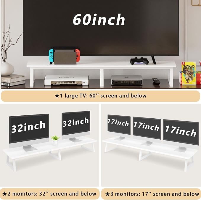 TEAMIX 42 inch Dual Monitor Riser White, Desk Organizer Stand for TV Laptop | Extra Long Stand Riser for 2 Monitors, Wood & Steel TV Riser, Holds 300lbs, Keyboard & PS5 Storage, For Home Office & Gaming - Image 6