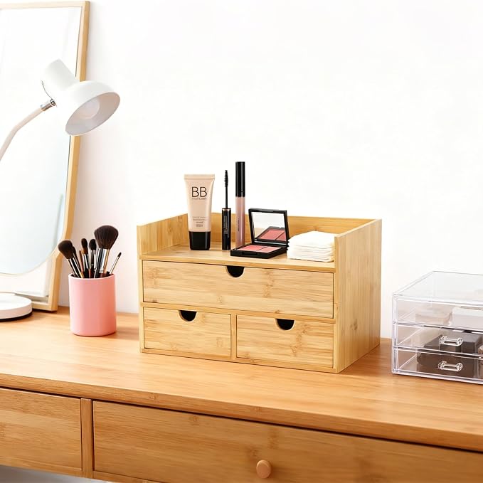 Desk Organizer with Drawers - Bamboo Desktop Organizer for Office Home Makeup Vanity Shelf, Stackable Storage Drawers Box for Desk Organization, No Assembly Required - Image 6