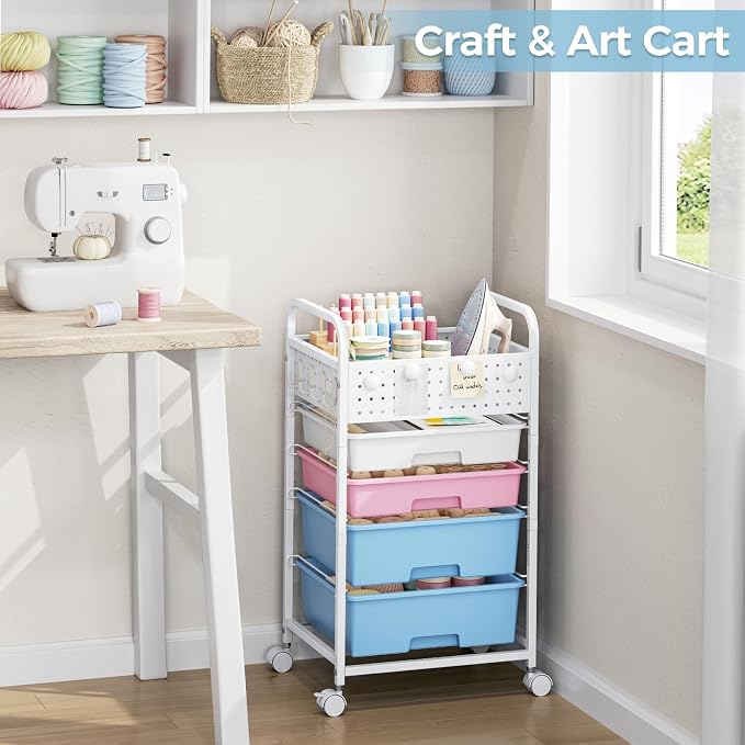 4 Drawer Rolling Storage Cart with Pegboard Top and Hooks, Pink&Blue | Mobile Organizer Cart with Wheels for Office Supplies, Craft Storage, Classroom Organization, Home Utility Cart - Image 7