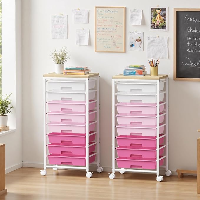 Rolling Cart with 8 Drawers, Plastic Drawer Storage Carts with Wheels & Wooden Tabletop, Metal Utility Cart Organizer for Bedroom Living Room Office Classroom Craft Organization and Storage, Pink - Image 3