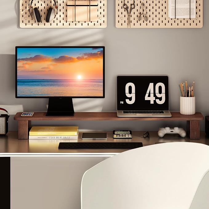 Ufine Dual Monitor Stand Riser 39.3 Inch Wood Desk Shelf Desktop Organizer | 2 Heights Adjustable, Ergonomic Computer Monitor Stand for 2 Monitors, Laptop, TV, Printer - Image 2