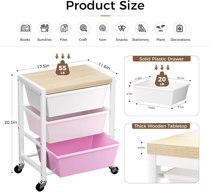 Rolling Cart with 3 Drawers, Plastic Drawer Storage Carts with Lockable Wheels & Wooden Tabletop, Metal Art Craft Utility Cart Organizer for Home Office Bedroom Dorm Bedside Classroom, Bright Pink - Image 4