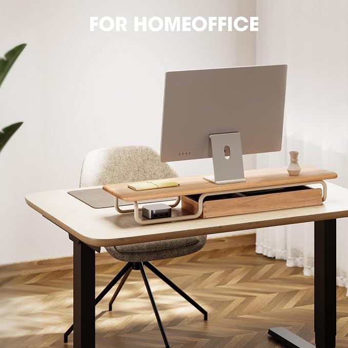 Fenge Solid Wood Monitor Stand Riser with Large Drawer Storage, Oak | Fully Assembled, 37.4W x 9.8D x 4.8H, Holds up to 110 lbs, Minimalist Home Office Desk Setup - Image 2