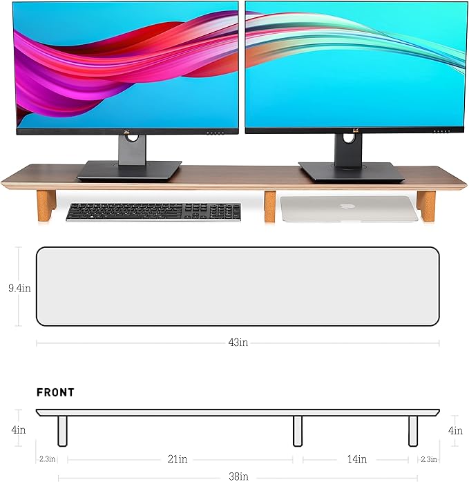 Aothia Solid Wood Dual Monitor Stand Riser for Desk, 43 Inch Black Walnut Computer Monitor Riser with Cork Legs, Extra Long Desktop Organizer Shelf for 2 Monitors, Laptop & Printer - Image 4