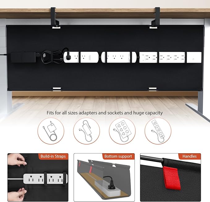 Univivi No Drill Under Desk Cable Management Tray, 48 inch Cable Management | Clamp/Screw Mount Desk Cable Organizer, Premium Fabric Cable Management Tray, Large Capacity Cord Organizer for Office, Home - Image 2