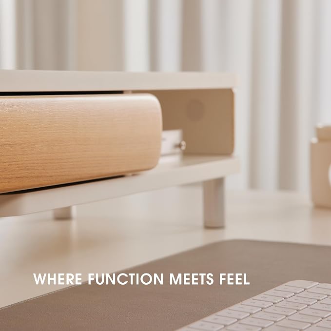 Fenge Dual Monitor Stand with Large Storage Drawer, 42.5" Dsek Shelf, White | Slide-Out Drawer with Wood Grain Finish, Ergonomic Monitor Riser, Aluminum leg, 2-Tier Desk Organizer for Laptop, TV, PC - Image 5