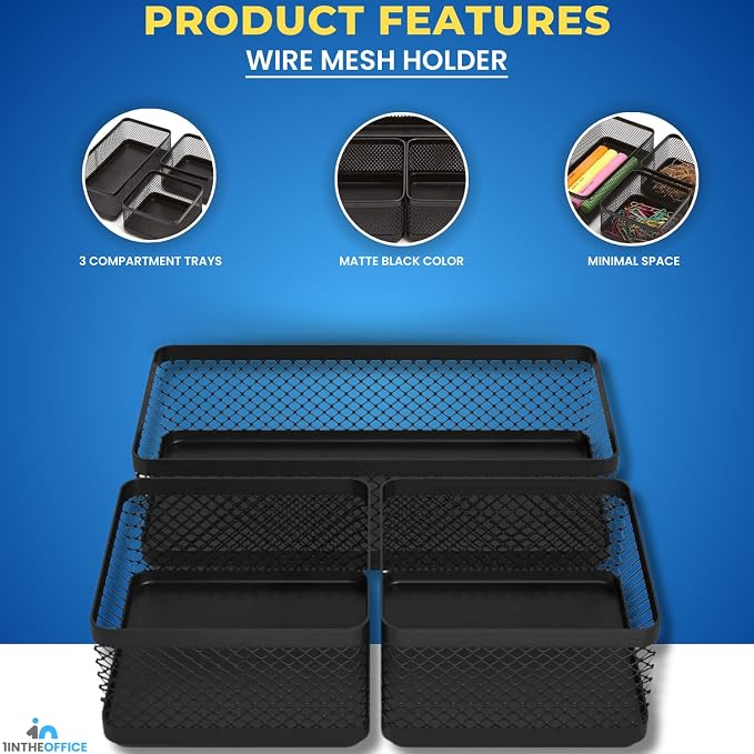 1InTheOffice Mesh Collection Desk Drawer Organizer Tray 3 Compartment - Stackable, Matte Black (2pack) - Image 3
