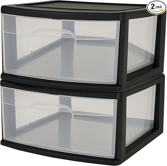 HOMZ 2-Pack 1-Drawer Storage Cart, Clear Plastic Container, 15" Wide Body, Black Frame - Organizing Drawer Containers for Home, Bathroom, Bedroom, Office, and Classroom by Homz