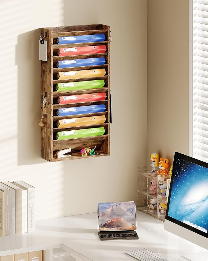 Wall File Organizer, 10-Tier Hanging Mail Organizer, Wall Mount File Holder with 4 Side Hooks, Mail and Storage Organizer, Wooden Vertical Hanging Holder for Office, Rustic Brown MWJ03FG - Image 7