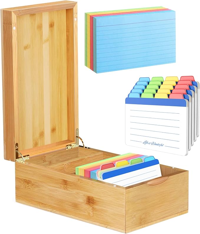Neando 3x5 inches Index Card Holder, Bamboo Index Card Box with 20-count Index Cards Guide and 200-count Note Cards, Note Flash Card Organizer Case, Wood Recipe Box, Business Card Storage Box with Divider Tabs, 4 Compartments for 600 Cards, Card File N... by Neando