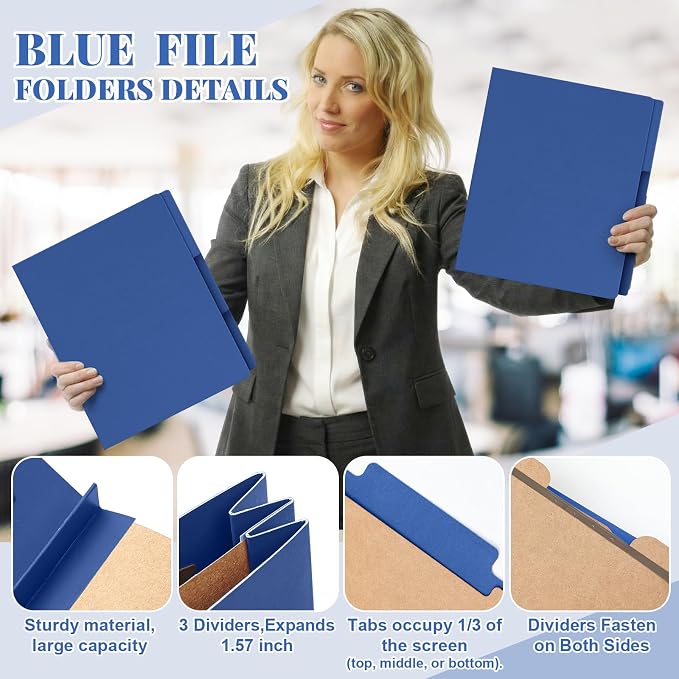 AmazingSpark 12 Pack Dark Blue Classification Folders Letter Size, 1 Divider, 1/3-cut Tab, File Folders with Fasteners, Prongs, Expanding File Organizer Bulk for Office Employee, Coworker, Staff - Image 3