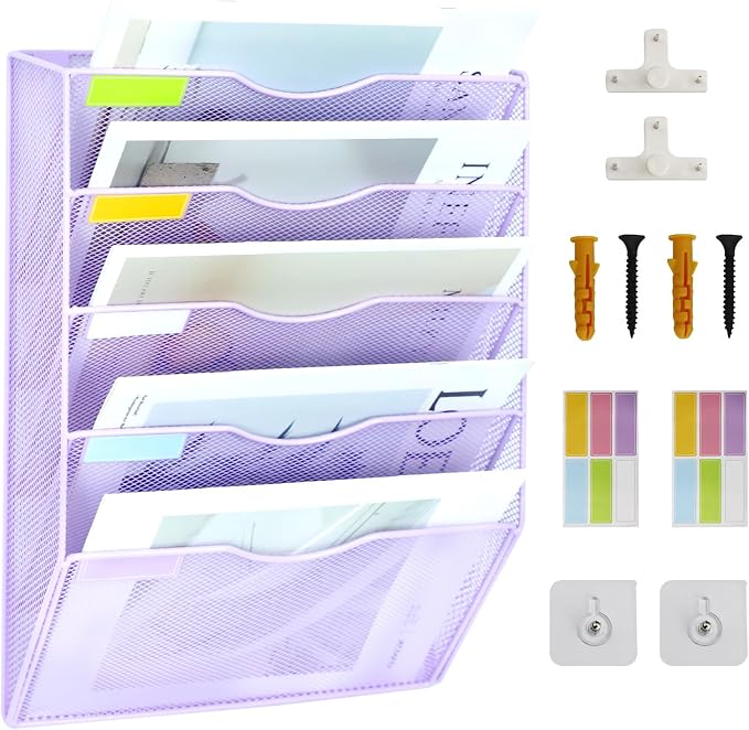 5 Pockets Mesh Wall File Holder Organizer Office Hanging File Folder Magazine Rack, Nametag Label Hooks Set Included (Purple) by ideallife