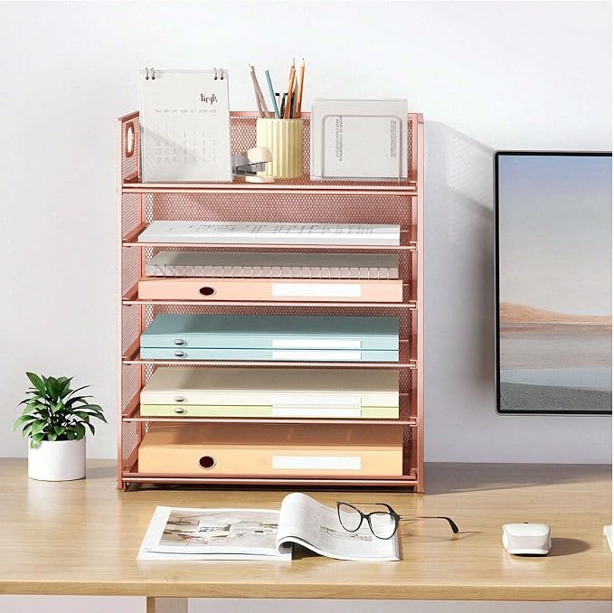6 Trays Paper Organizer with Handle - Mesh Desk File/Letter Paper Sorter Organizer for Office, Home or School (Rose Gold) - Image 3