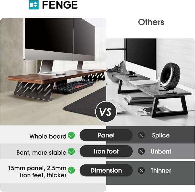 Fenge Monitor Stand Riser, Wooden & Metal Desk Shelf Organizer, Brown | 42.5 Inch Dual Monitor Riser for 2 Monitors, Multifunctional Monitor Shelf for Laptop, PC, Printer - Image 3