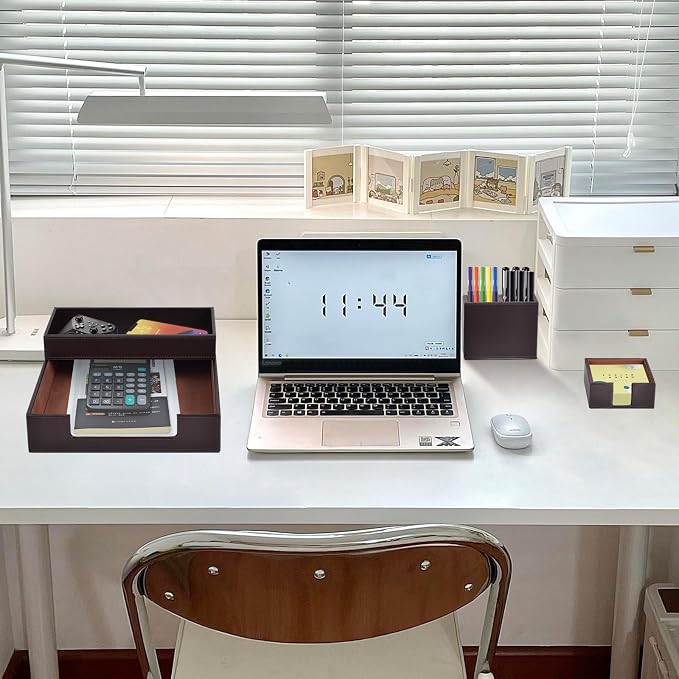 4 Pack Leather Office Supplies/Desk Organizer for Letter Paper Tray,Sticky Note Holder,Pen Cup,Stackable Small Letter Mail Sorter Tray,Workspace Decor for Women Men (Brown, 4-piece set) - Image 7