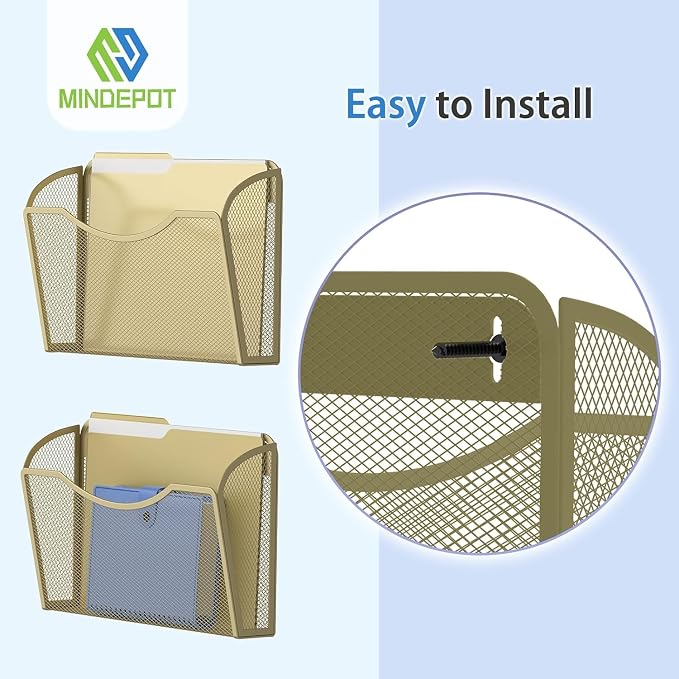 MINDEPOT Wall File Organizer, Hanging Wall File Holder, 1 Pack, Gold | Heavy Duty Iron, Metal Mesh Wall Mount, Single Pocket, Mail Organizer, for Office School Classroom Home, Letter A4 Size - Image 4