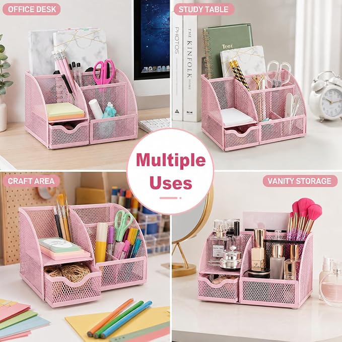 Exerz Desk Organizer 7 Compartments Metal Mesh Pen Holder Caddy Light Pink | Soft Color Desktop Storage for Notes Clips Scissors Rulers Craft Tools Makeup Study and Home Use - Image 5