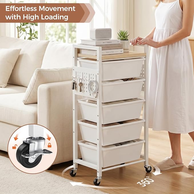 6 Tier Rolling Cart with Drawers, Plastic Drawer Storage Craft Cart with Pegboards & Hooks, Metal Utility Cart with Wheels & Wooden Tabletop, Classroom Office Art Supply Organizers and Storage, White - Image 7