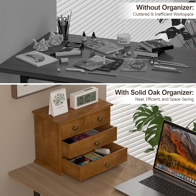 Oak Desk Organizer with Drawers, Durable Wooden Desktop Storage Box | 4 Drawer Tabletop Organizer with Metal Handles & Non-Slip Pads for Office, Bedroom, Bathroom, Vanity & Makeup Storage, Walnut - Image 5