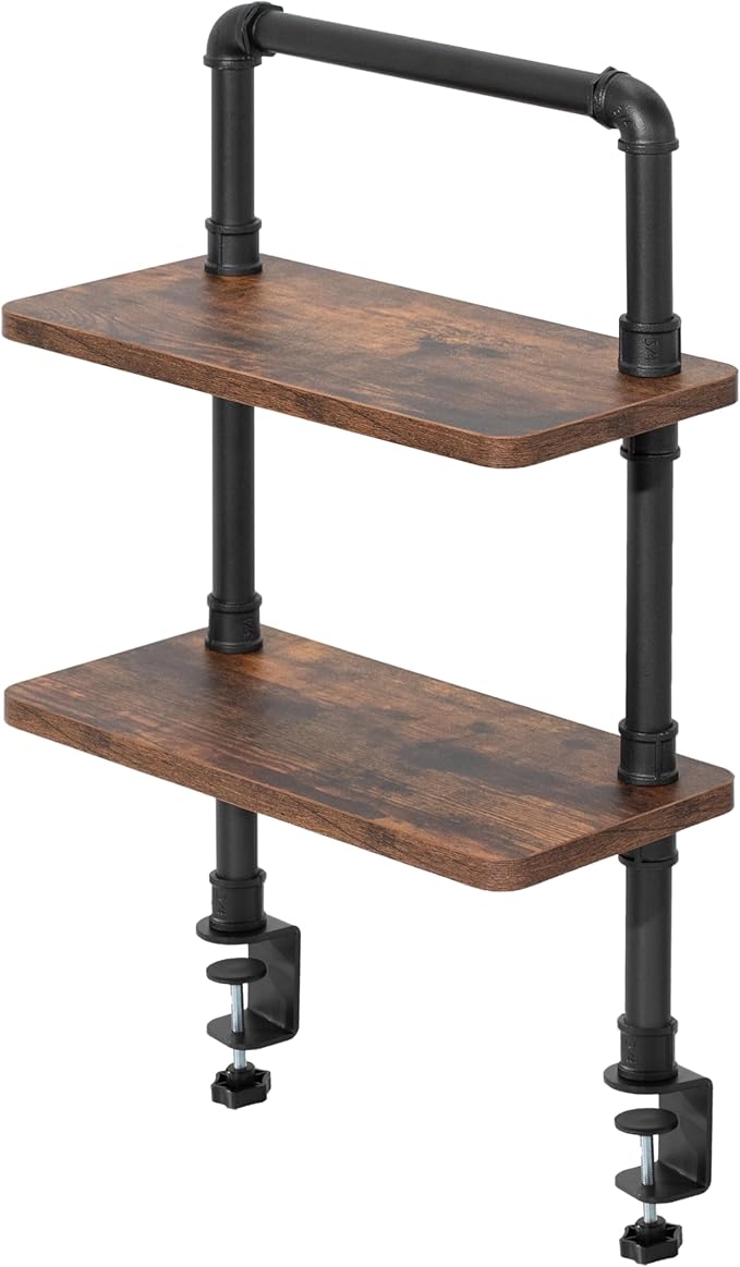 VIVO Clamp-on Premium 16 inch Industrial Pipe 2-Tier Tabletop Shelving, Heavy Duty Desk Extension Organizer, Modern Desktop Display Shelf, Rustic Vintage Brown Shelves, DESK-SHELF16-2N by Unknown