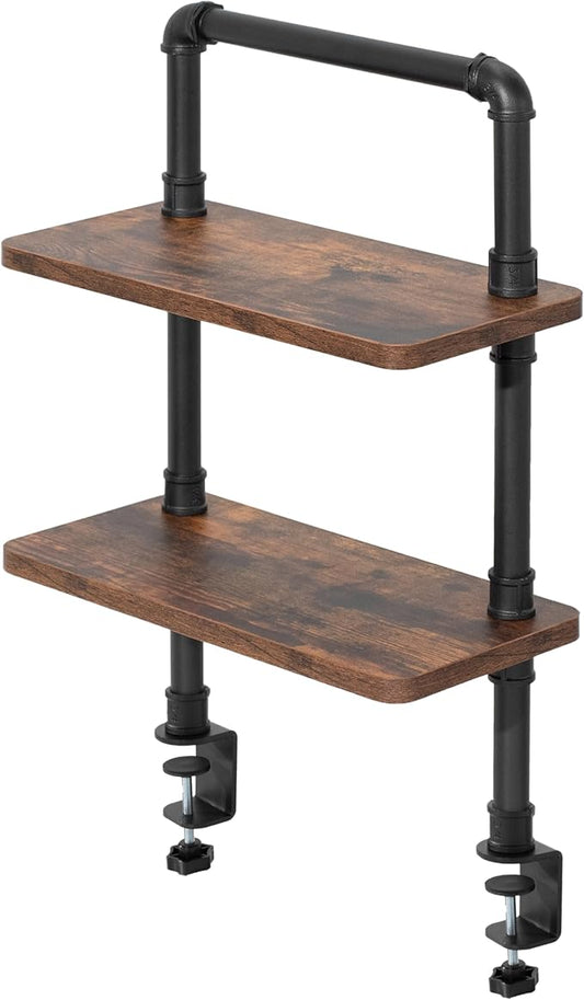 VIVO Clamp-on Premium 16 inch Industrial Pipe 2-Tier Tabletop Shelving, Heavy Duty Desk Extension Organizer, Modern Desktop Display Shelf, Rustic Vintage Brown Shelves, DESK-SHELF16-2N by Unknown