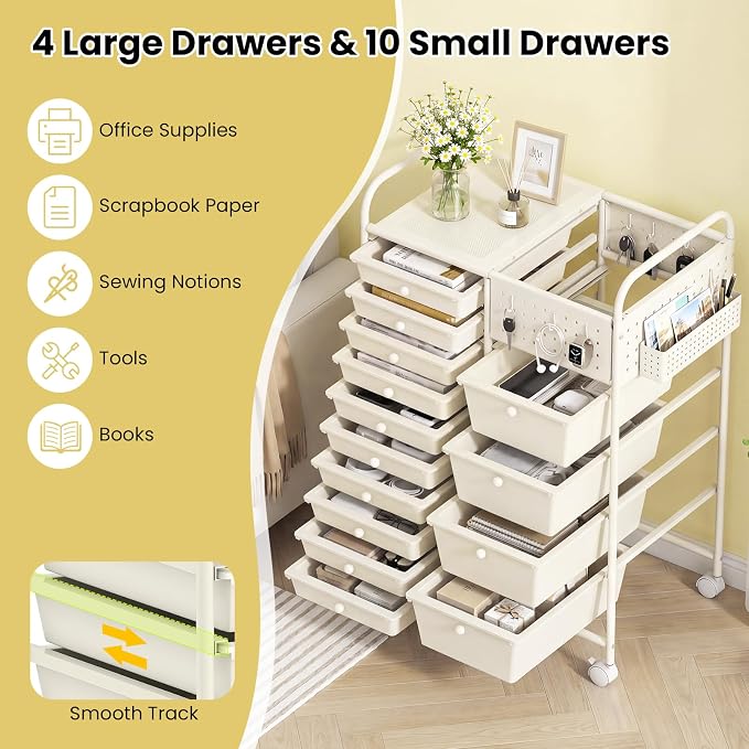 GOFLAME 14-Drawer Rolling Storage Cart with Pegboard, Craft Storage Cart with Lockable Wheels and Metal Frame, Multifunctional Art Cart Supply Storage Organizer for Home Office Classroom, White - Image 4