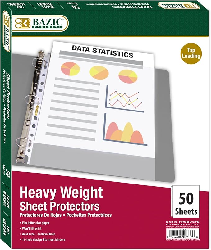 BAZIC Products Heavy Weight Sheet Protectors, Top-Load, Letter, 10-Case | letter size, heavy weight top-loading sheet protectors, acid-free poly, Fit 3-ring binders, Clear front and back by BAZICProducts