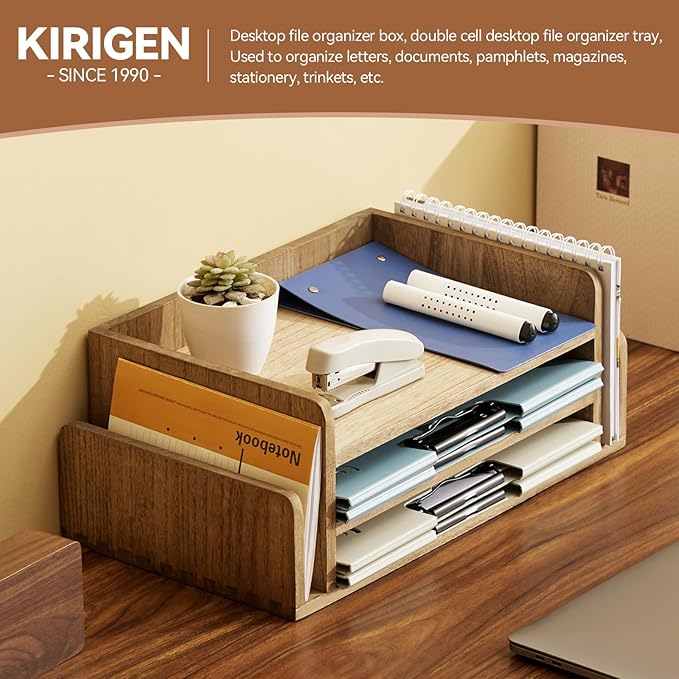 KIRIGEN Wood Desk Organizer, 5-Tray Letter Tray and Mail Sorter, Brown 2TP | Solid Wood 3-Tier Desktop Organizer with 5 Storage Areas for Mail, Folders, Letter Paper and Office Supplies, Fully Assembled - Image 3