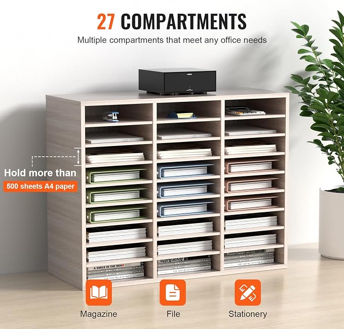 VEVOR 27 Compartments Wood Literature Organizer, Adjustable Shelves, Medium Density Fiberboard Mail Center, Office Home School Storage for Files, Documents, Papers, Magazines, Grey - Image 4