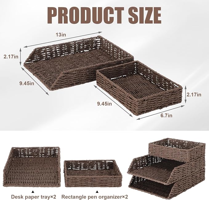 3 Pack Paper Rope Woven Stackable Desk Organizer Letter Tray, Brown Tabletop Desk Basket for Storage Paper Letter Folders Notebooks Copy Print, Workspace Holder - Image 2