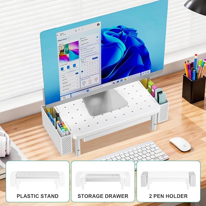 WALI Computer Monitor Stand with Storage, Desk Organizer with Drawer and Pen Holder, Desk Monitor Riser 3 Height Adjustable, Laptop Riser for Computer, Laptop, Printer(PTT003-W), 1 Pack, White - Image 7