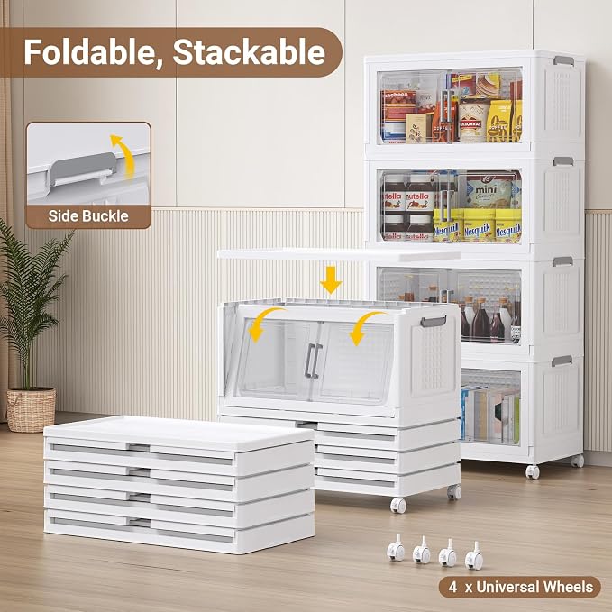 BROVIEW 324 Qt Stackable Storage Bins Foldable Cabinet, V40 White 3-Pack | Extra Large Collapsible Storage Bins with Lid Doors Wheels Dividers, Closet Organizers and Storage Drawer for Home Office - Image 3