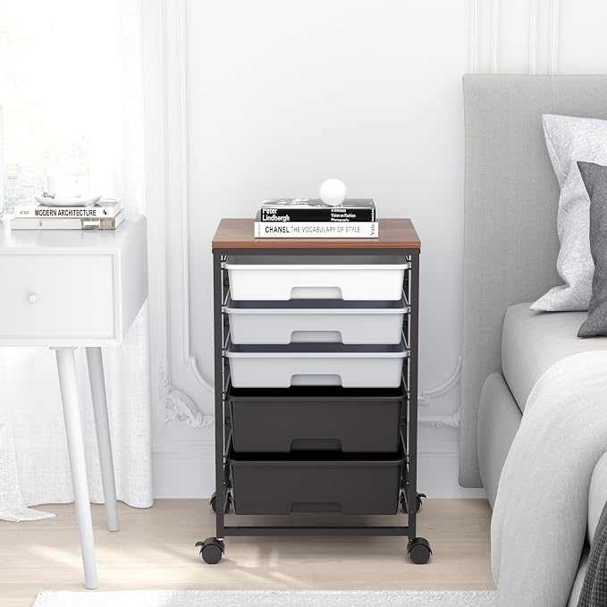SYKIARIOL Utility Cart with Drawers,5 Drawers Storage Cart,Dark Grey | 5-Tiers Storage Cart with Drawers with Lockable Wheels for Craft Organizers and Storage,Home Office,Classroom,Dorm,Playroom - Image 2
