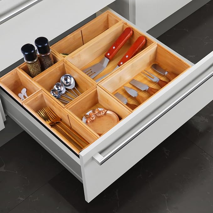 Bamboo Drawer Organizer Set, 8 PCS Multi-Use Wood Drawer Storage Boxes, Junk Drawer Organizer Divider Bins for Kitchen, Bathroom, Office Desk, Makeup, Jewelry, Utensils - Image 5