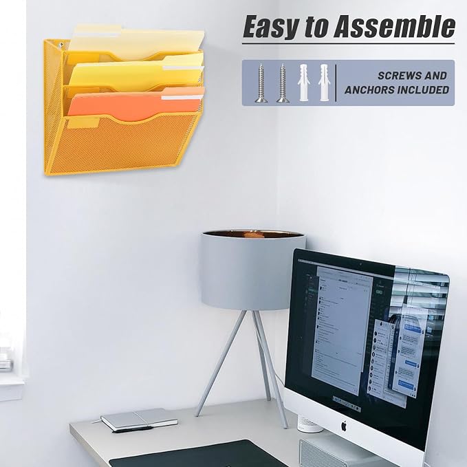 3 Pocket Mesh Hanging Wall File Organizer, Wall Mounted Mail Paper Document Folder Holder, Clipboard Storage Organization Magazine Rack with Nametag Label for Office Home School, Yellow - Image 6