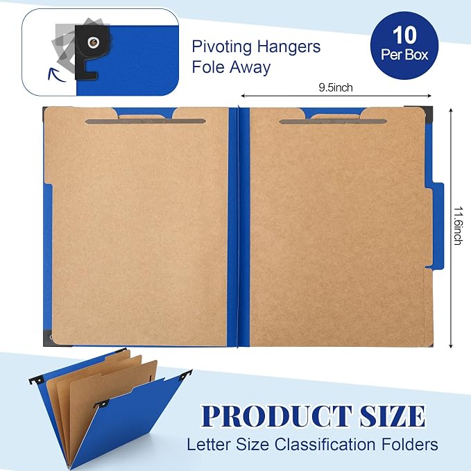Henoyso 10 Pcs Hanging Classification Folders with Prongs, 3 Divider/ 8 Section, Letter Size, 8 Fasteners, 4 Inch Expansions, 1/3-cut Tab Pressboard File Folder for Office School Medical(Dark Blue) - Image 2