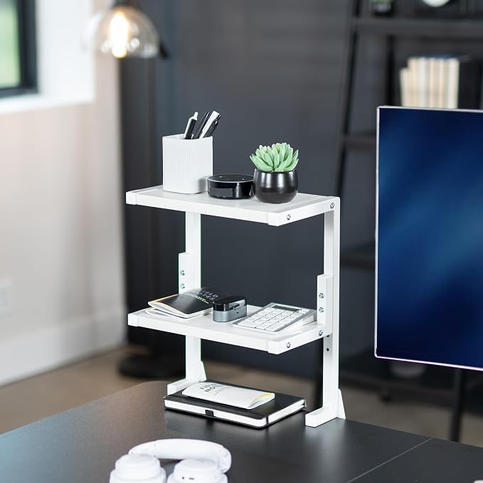 VIVO White Clamp-on 13 inch 2-Tier Desk Shelf, STAND-SHELF2CW | Above or Below Desk, 2 Level Shelving Unit for Table Accessories, Gaming Devices, and More, Storage Tray, Desktop Organizer - Image 2