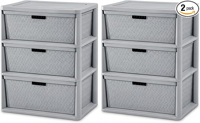 2 PCS,3-Drawer Storage Tower, Wide Plastic Organizer with Removable Bins | Decorative Weave Design, Tool-Free Assembly, Removable Bins, Carry Handles, Drawer Stops, BPA-Free by Unknown