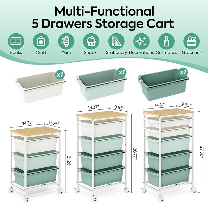 KINGBOARD Slim Rolling Cart with 3 Drawers, Metal Utility Storage Cart | Wooden Tabletop, Lockable Wheels, Under Desk Trolley for Bedroom, Children's Room and Office Organization, Green - Image 2