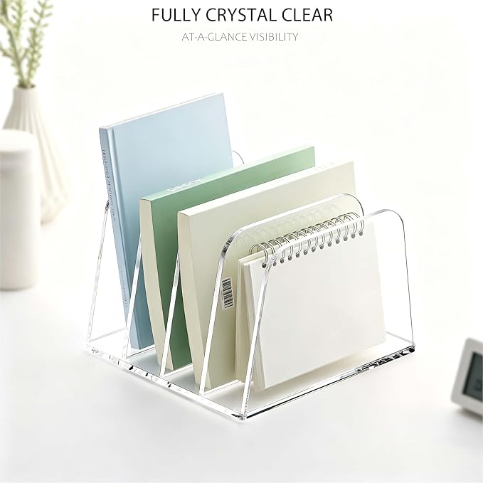 YUXUN Desk File Organizer Upright Clear Acrylic Desktop Organizer File Sorter Office Organization File Holder 4-Section Bookshelf for Home, Office & Classroom - Image 7